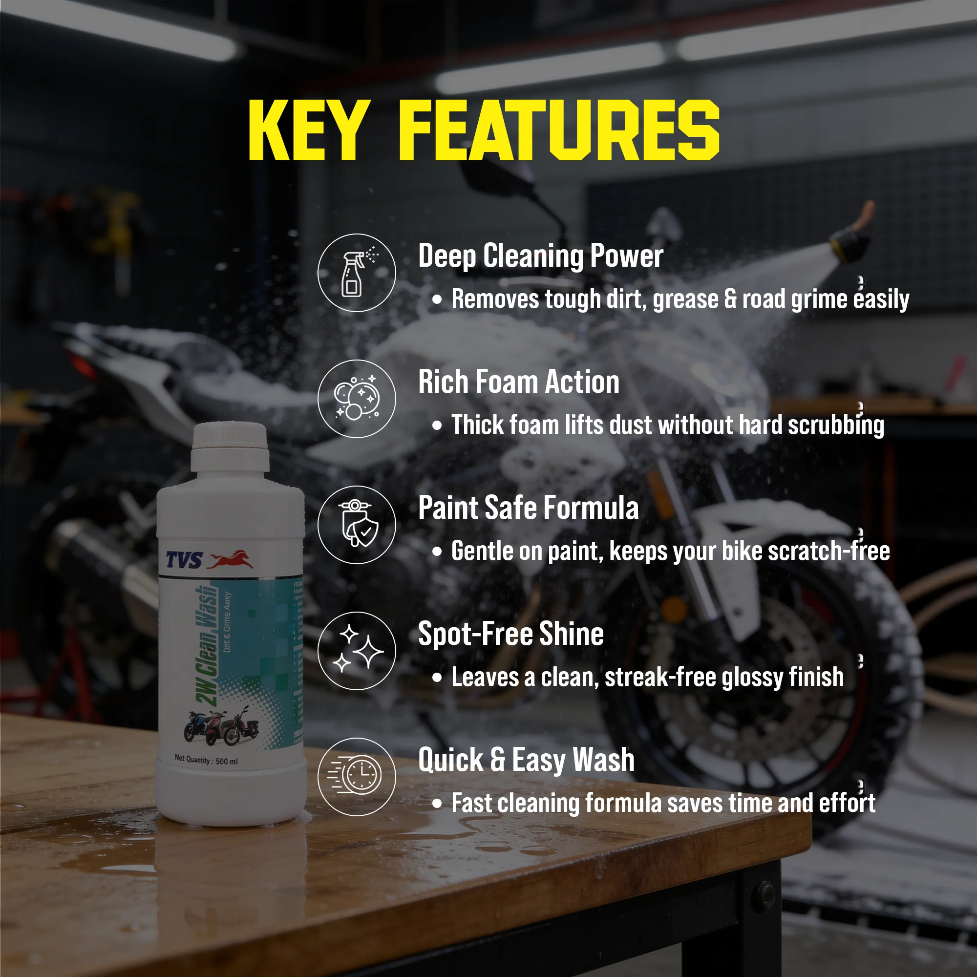 TVS Two-Wheeler Clean Wash 500ml | Powerful Bike Cleaner for Oil, Grease & Dirt Removal - Image 2